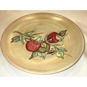MCM Hand Painted Pottery Bowl Dish Raised Shallow Apples Leaves Signed Back 11"